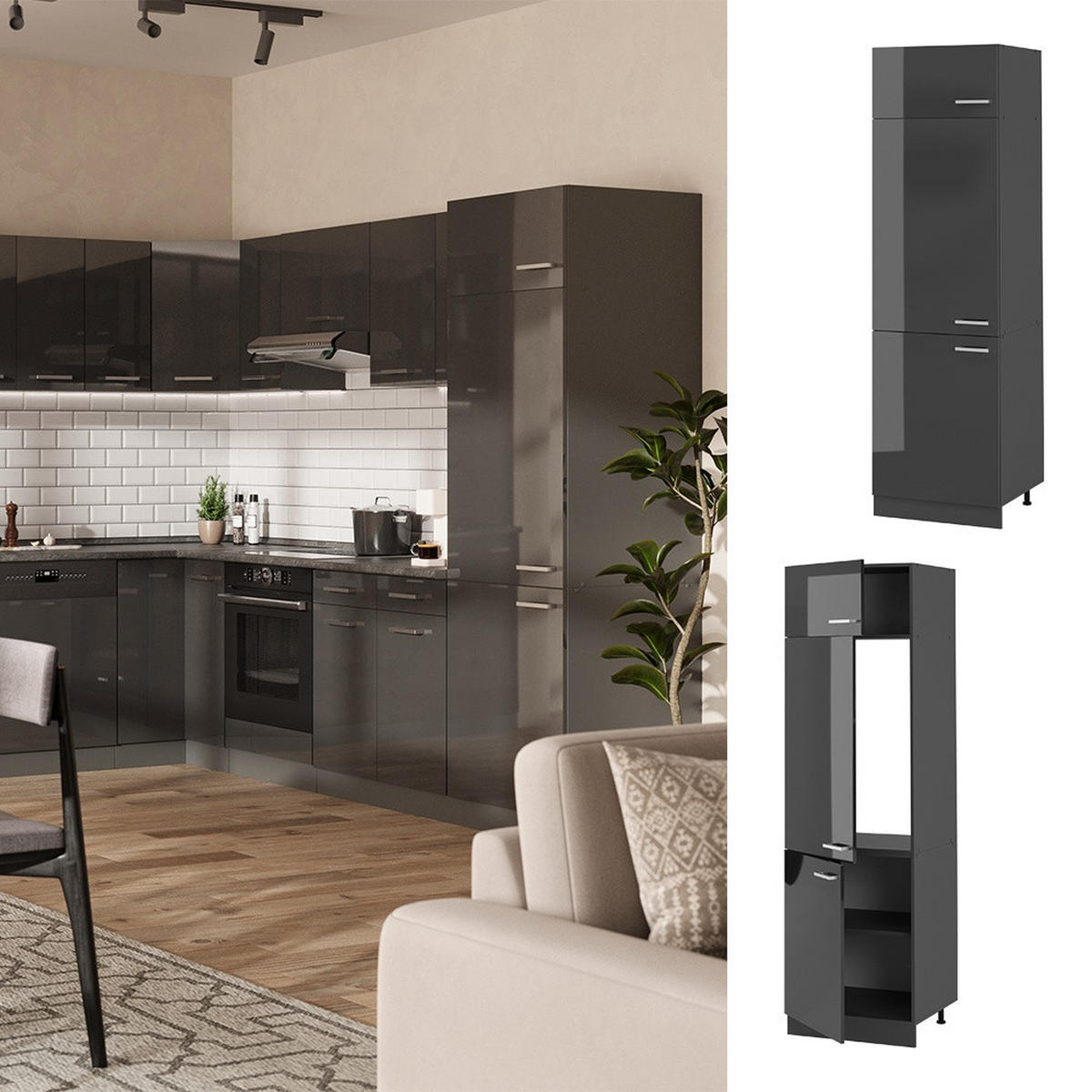OHIŠJE ZA HLADILNIK R-Line Antracit z visokim sijajem 60 cm - črna/visok sijaj, leseni material (60/206.8/57.2cm) - Vicco
