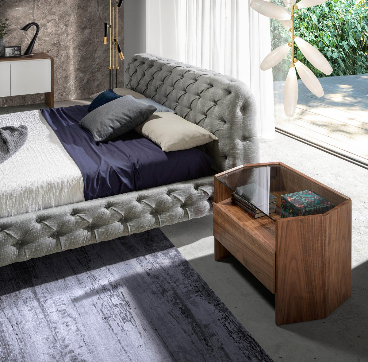 NACHTSCHRANK Nachttisch Nussbaum mit Platte aus gehärtetem Glas 65/45/50 cm - Nussbaumfarben, Glas/Holz (65/50/45cm) - ANGEL CERDA