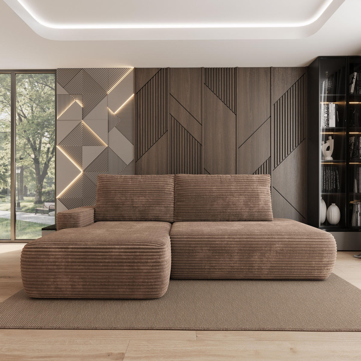 ECKSOFA AVINI T L-S Beige Kordstoff mit Schlaffunktion - Beige, Holzwerkstoff/Textil (277/160cm) - MASSENO