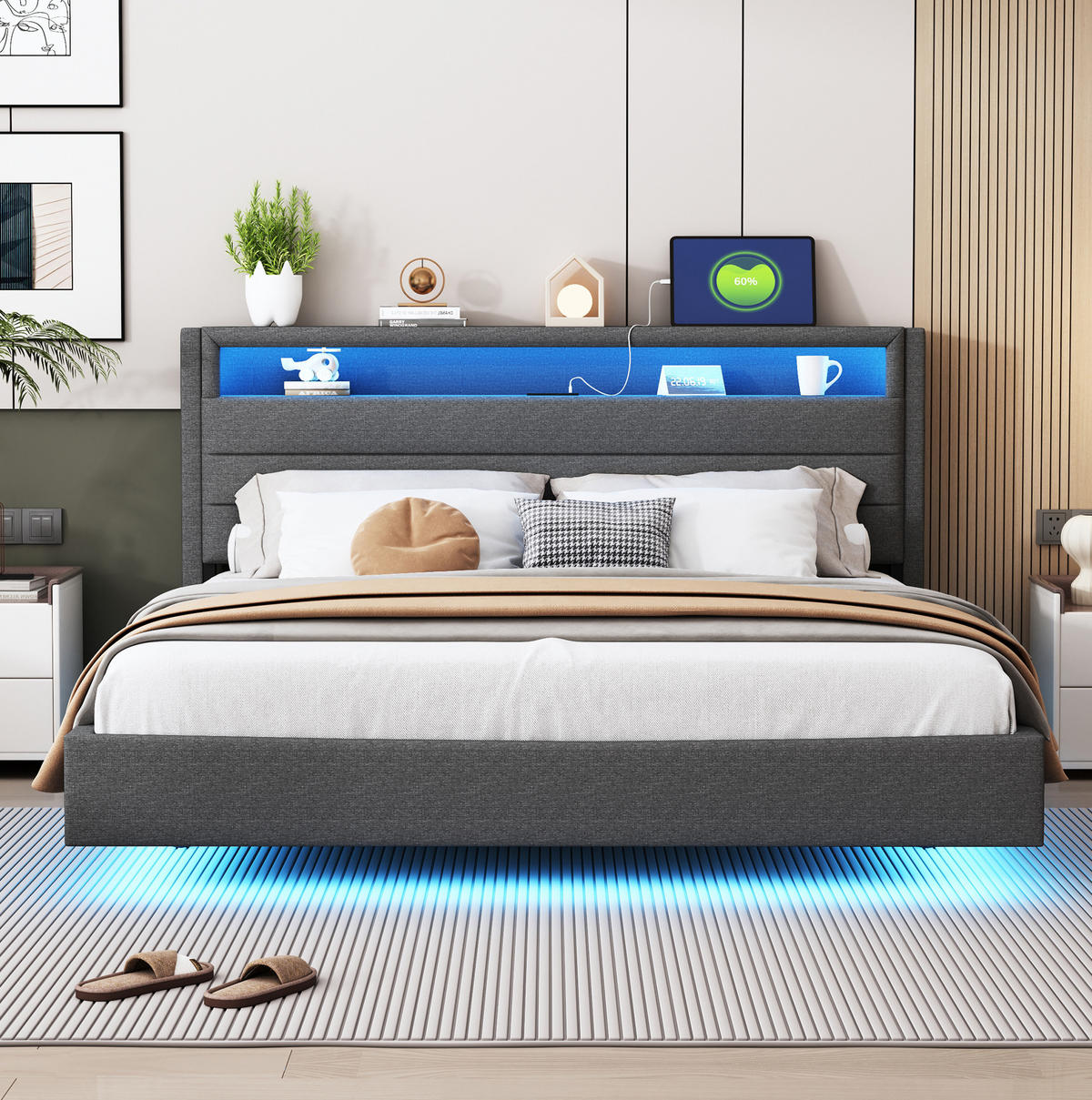ČALÚNENÁ posteľ 160/200 cm sivá s USB a LED osvetlením z ľanovej tkaniny - sivá, textil (160/200cm) - OKWISH