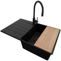 GRANITSPÜLE Kopenhagen, 2-er set Alles Schwarz 78/50 cm 1 Becken + Küchenarmatur 40/38 cm + Ablauf-Set + Schneidebrett ab 50er Unterschrank - Beige/Schwarz, Kunststoff (78/20/50cm) - Primagran
