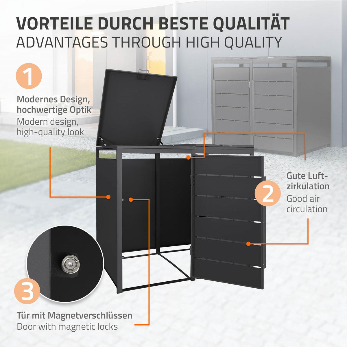 MÜLLTONNENBOX 2er 240L 132x80x120 cm Anthrazit aus Stahl wetterfest - Anthrazit, Metall (80/120/132cm) - ML-DESIGN