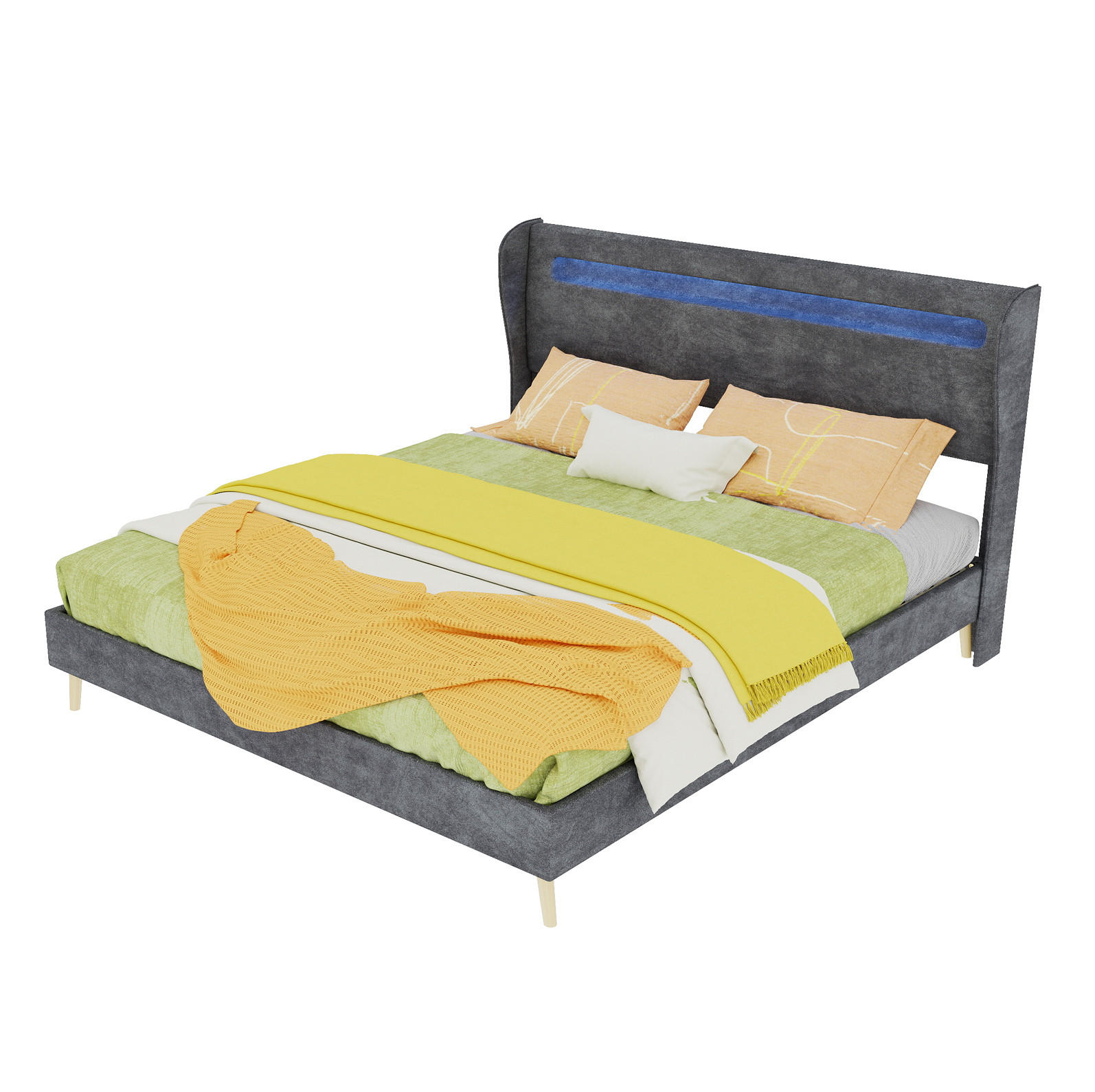 ČALOUNĚNÁ postel 160/200 cm šedá z látky a kovu s LED osvětlením a nastavitelným čelem - šedá, textil (160/200cm) - OKWISH