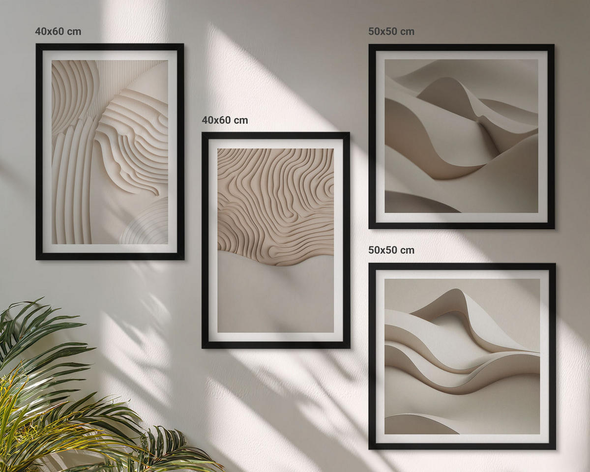 BILDER SET 4er Set - 50x50 cm & 40x60 cm Schwarzer Rahmen - Abstrakte Wellen auf dem Sand - Schwarz, Kunststoff (50/50cm) - TULUP