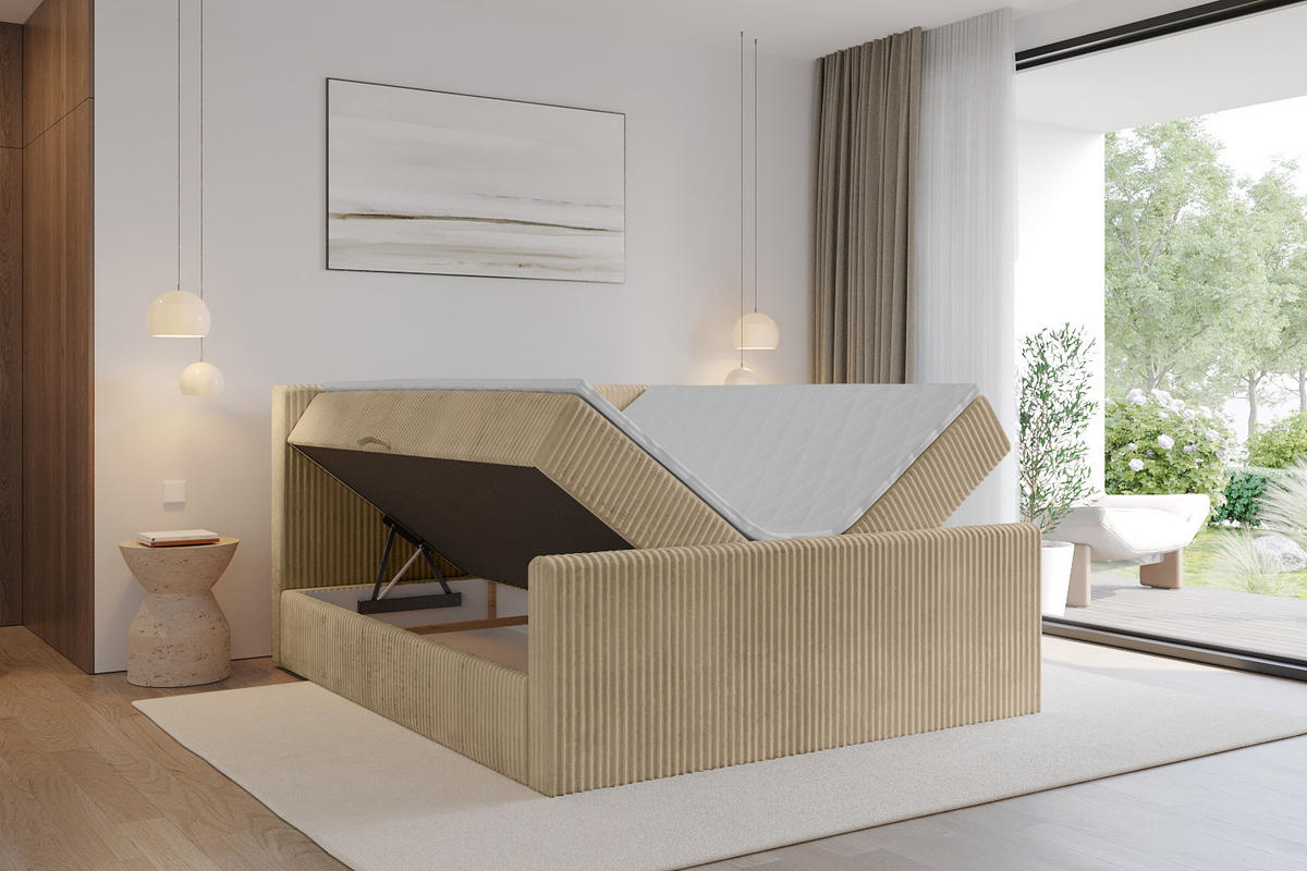 BOXBETT mit Matratze H3 und Lattenrost - TOLO-Z - 180x200 Cord - Beige - Beige, Holzwerkstoff (180/200cm) - ALTDECOR