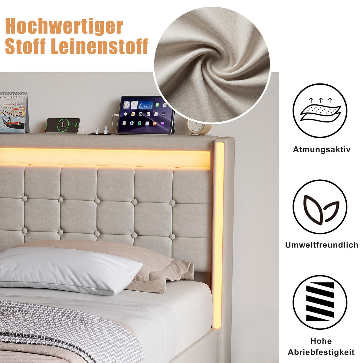 POLSTERBETT 90x200 cm Beige mit LED, Stauraum, USB-C & hydraulischem Lattenrost - Beige, Holz (90/200cm)