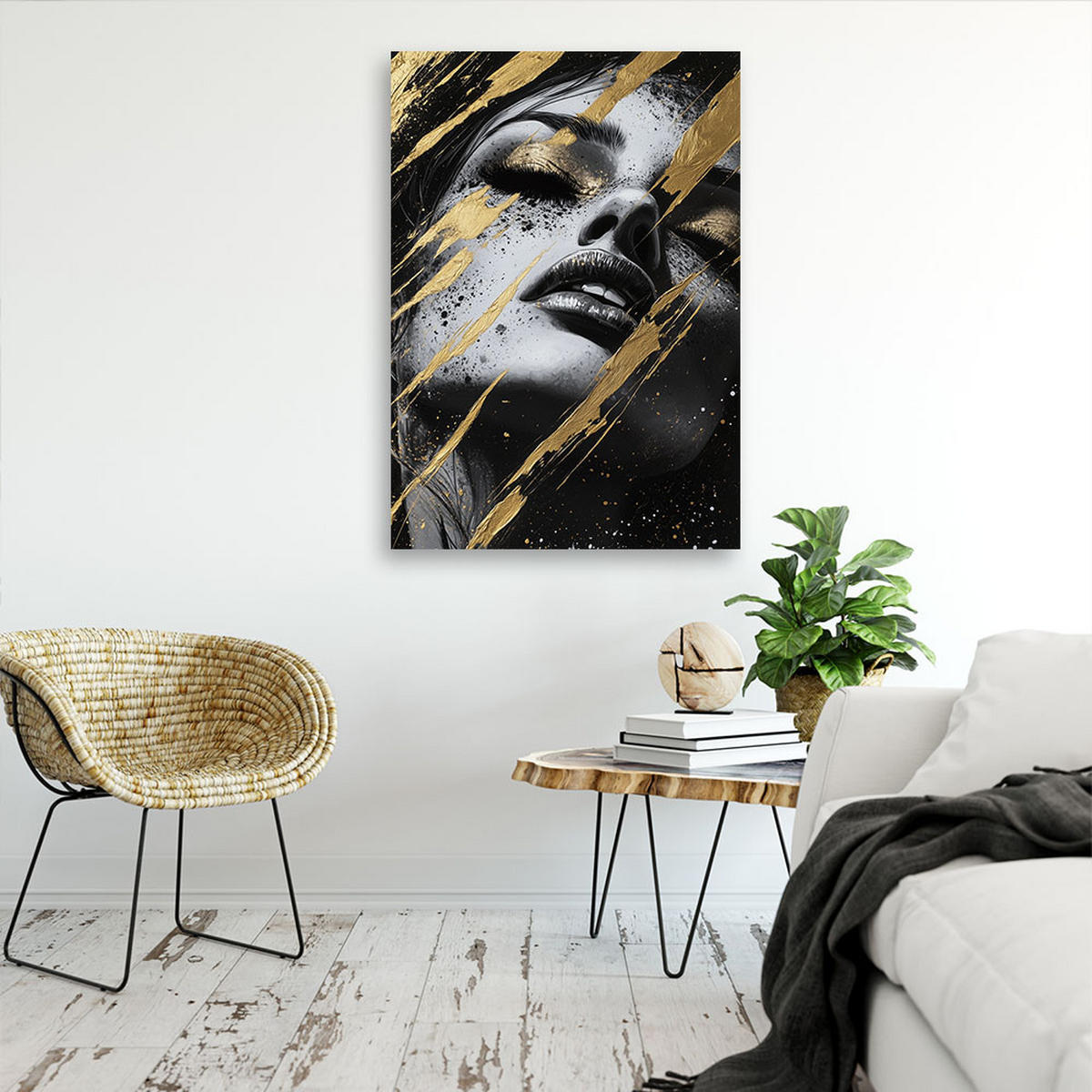 WANDBILD frauengesichtsporträt mit goldenem glamour - Goldfarben, Textil (60/90cm) - Feeby