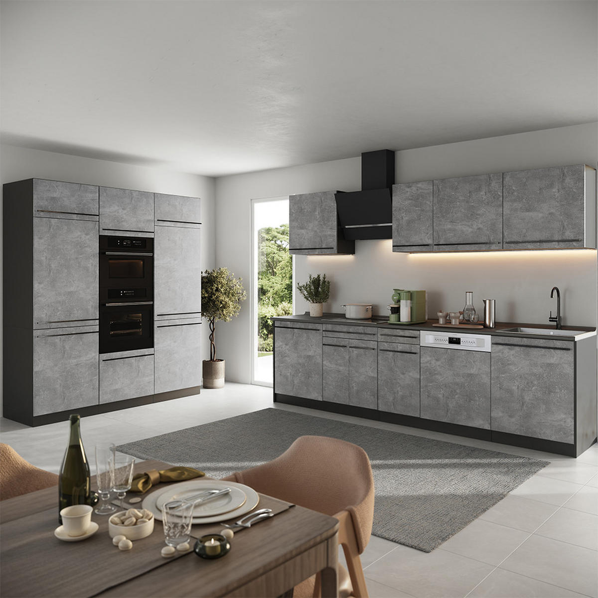 KUCHYŇSKÝ KOUT R-Line, Beton/Antracit, 180 cm pracovná doska Mramor - šedá/antracitová, kompozitní dřevo (180/206.8/60cm) - Vicco