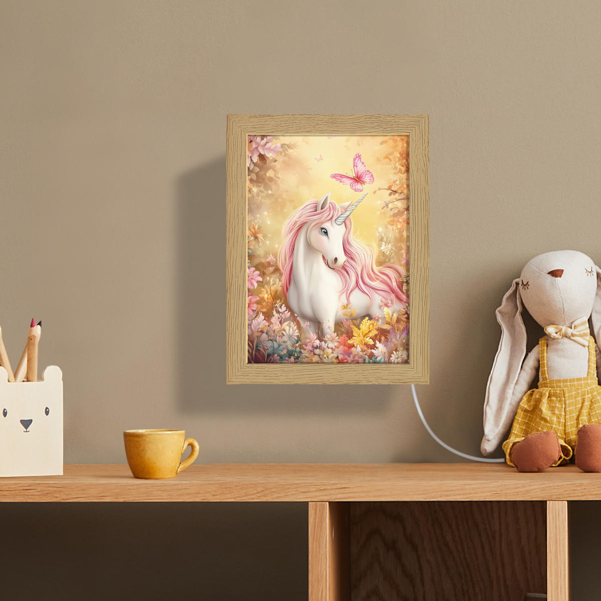 NÁSTĚNNÁ LAMPA Jednorožec - Květiny - Motýl - Růžová 15x20 cm - béžová, kompozitní dřevo (15/20/8cm) - OnlyWow