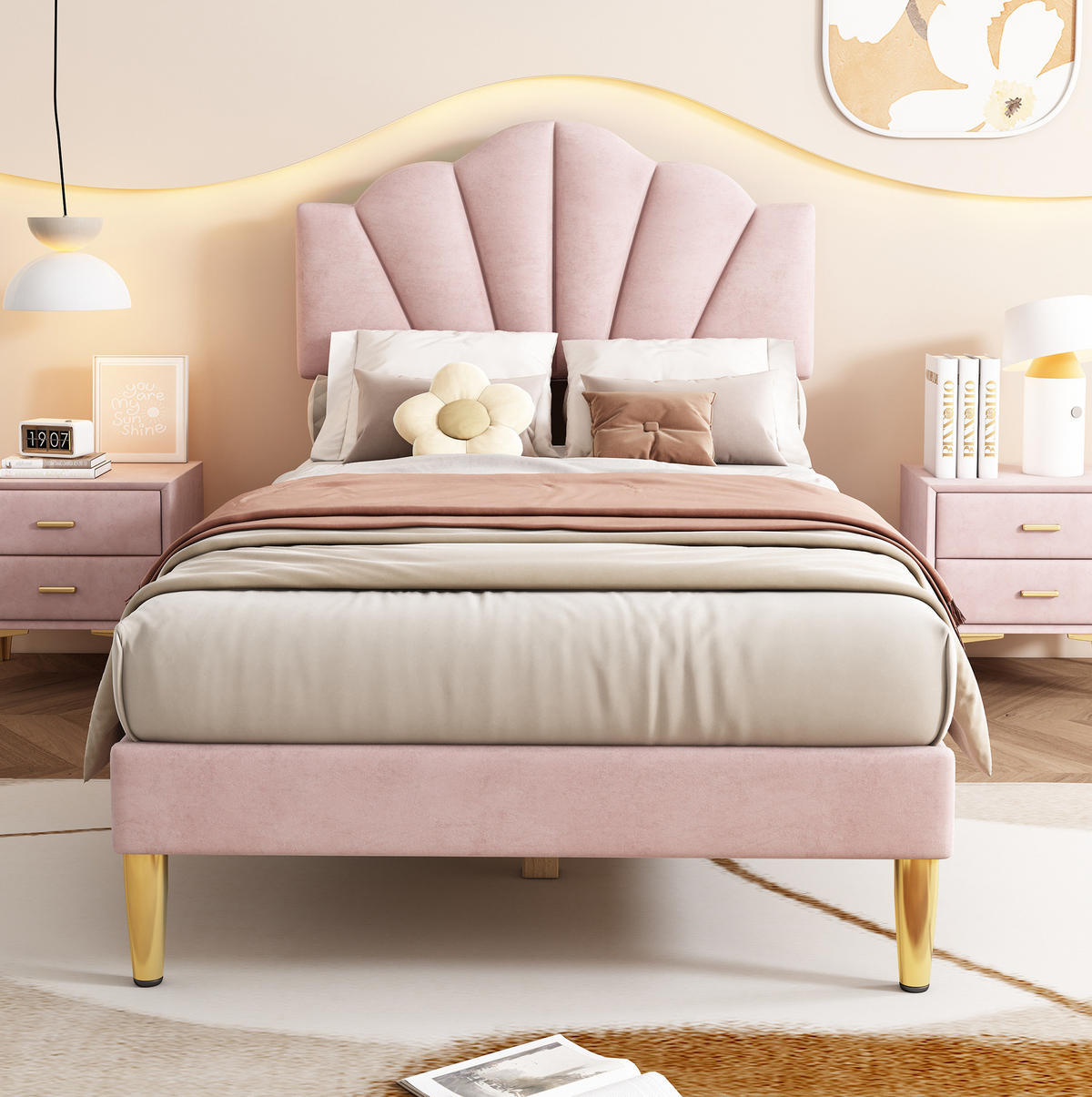 POLSTERBETT 90/200 cm mit verstellbarem Kopfteil, muschelförmigem Samtbezug und Lattenrost, Rosa - Rosa, Textil (90/200cm) - Redom