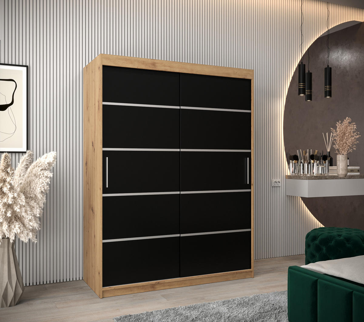 SCHWEBETÜRENSCHRANK 200/150/62 2-türig - Silberfarben/Schwarz, Holz/Kunststoff (150/200/62cm) - Abiks Möbel