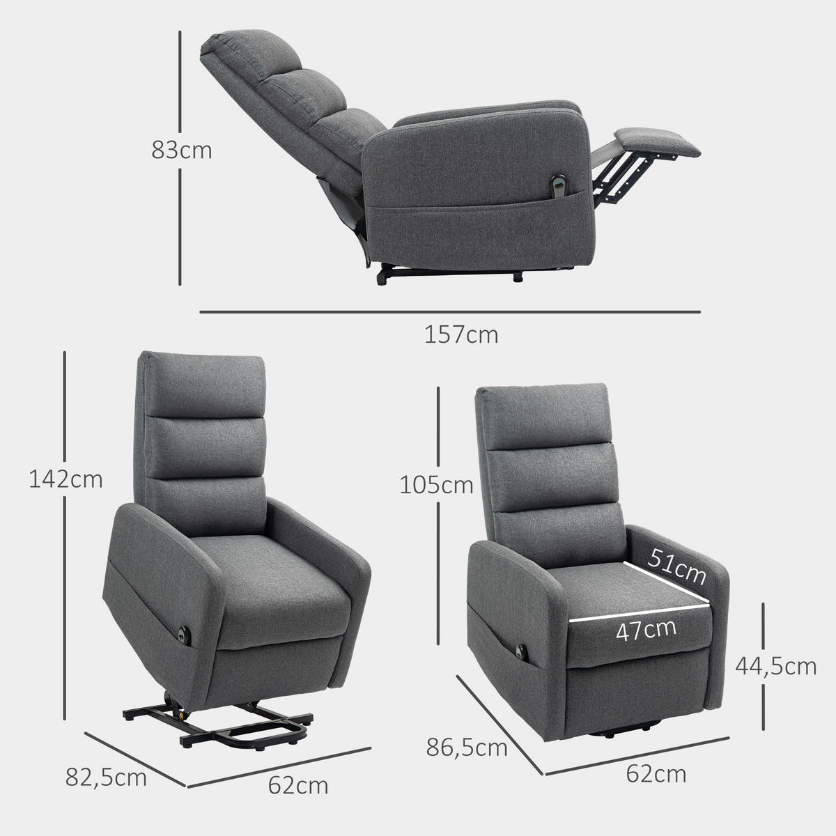 FERNSEHSESSEL mit Aufstehhilfe Elektrisch Relaxsessel mit Fußteil, Dunkelgrau - Dunkelgrau, Kunststoff (62/105/86.5cm) - HOMCOM