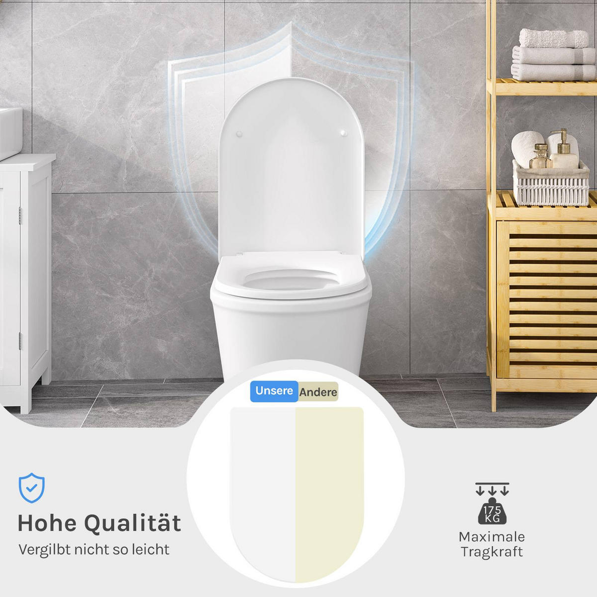 WC SITZ, Fast Fix/Schnellbefestigung, Antibakteriell D-Form - Weiß, Kunststoff (36/4/47cm) - Woltu