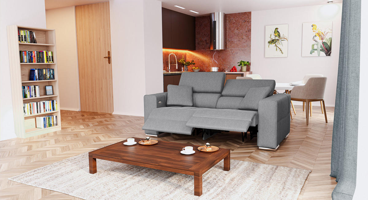 SOFA QUARTZ 3-Sitzer mit 2 Relaxfunktionen, grau - Silberfarben/Grau, Holzwerkstoff/Textil (204/80/102cm) - Courtois Laville