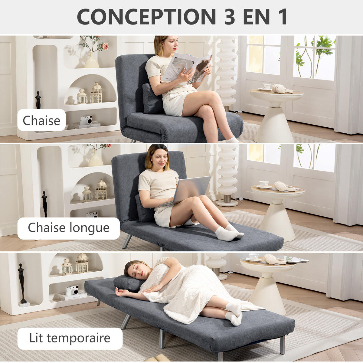 SCHLAFSESSEL DE-14663 3-in-1 mit 5-stufiger Rückenlehne & breiter Sitzfläche Dunkelgrau - Dunkelgrau, Metall (75/83/80cm) - ComfortXL
