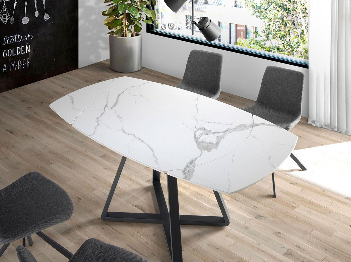 ESSTISCH Ausziehbarer Esstisch ovales Fass porzellanmarmor aus schwarzer Stahl Ø120/90/77 cm - Schwarz/Weiß, Stein (90/120/77cm) - ANGEL CERDA
