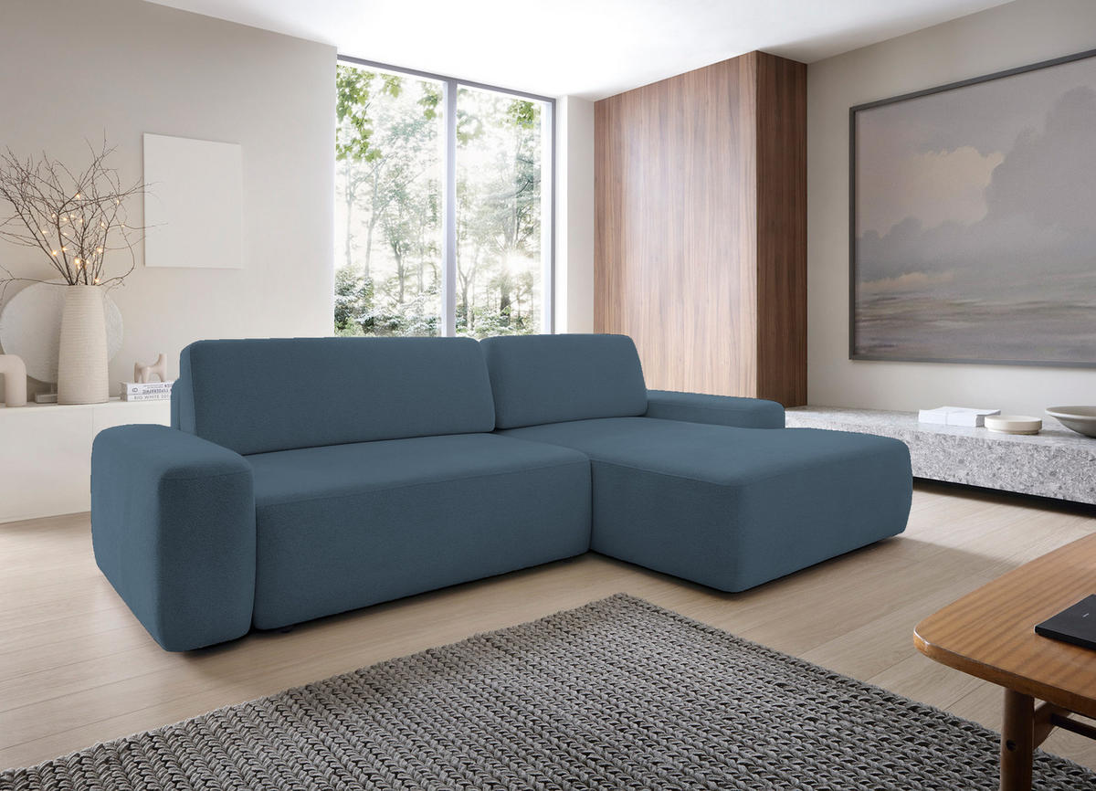 ECKSOFA BOULI 4-Sitzer Polstersofa Raven mit Schlaffunktion 130x210 cm Bettzeugcontainer 264x162x82 cm rechts, Farbe: Seegrün - Smaragdgrün, Holz/Textil (264/162cm) - DomoHome