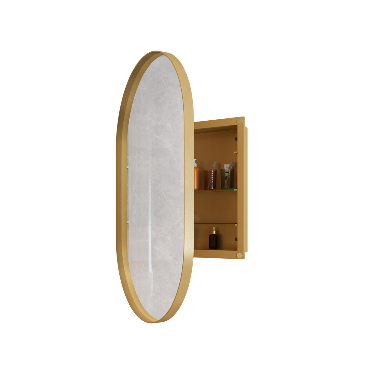 SPIEGELSCHRANK oval mit goldenem Metallrahmen – Wandschrank mit Spiegel & verstellbaren Ablagen, für Bad, Wohn- & Schlafzimmer - Goldfarben, Metall (51.5/12/85cm) - Ej. Life
