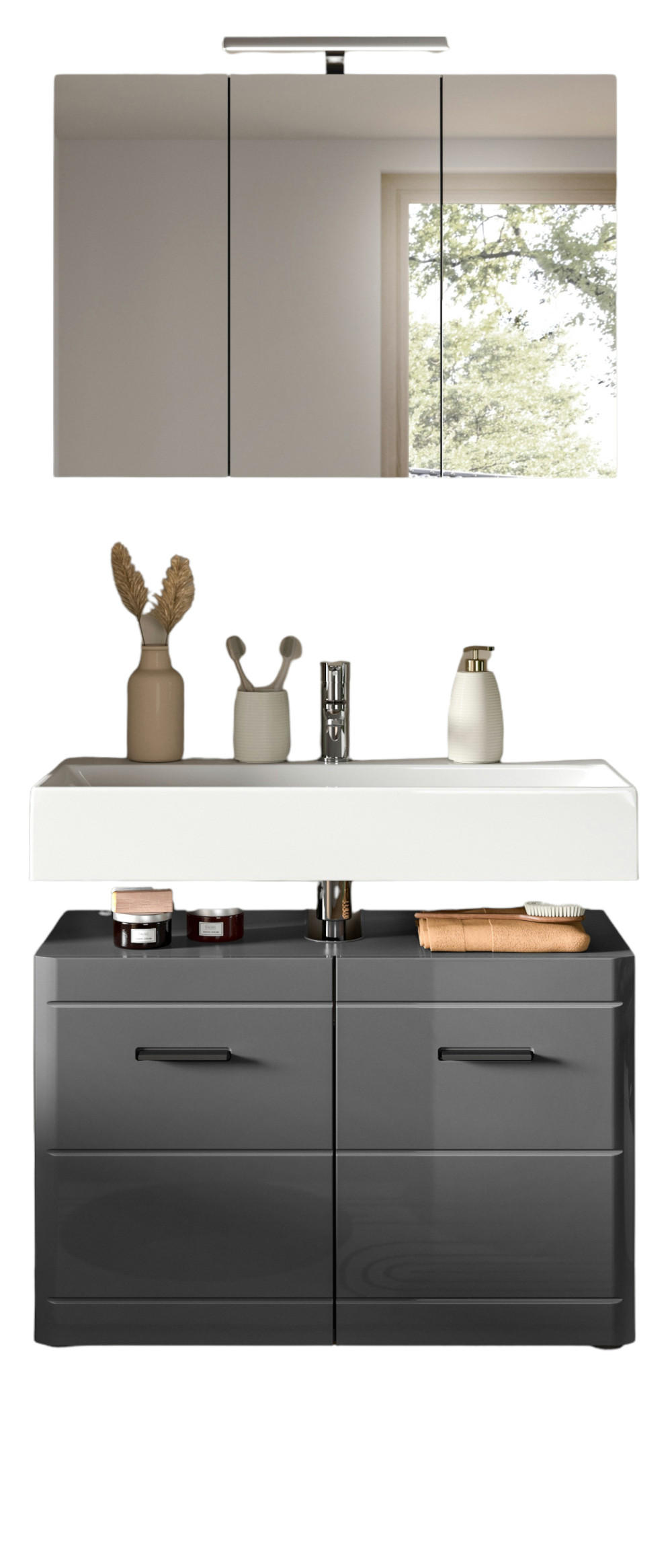 BADMÖBEL-SET 2-teilig grau Hochglanz 80 cm, Badschränke mit Soft-Close - Grau, Glas/Holzwerkstoff (80/190/34cm) - Inn.Furn