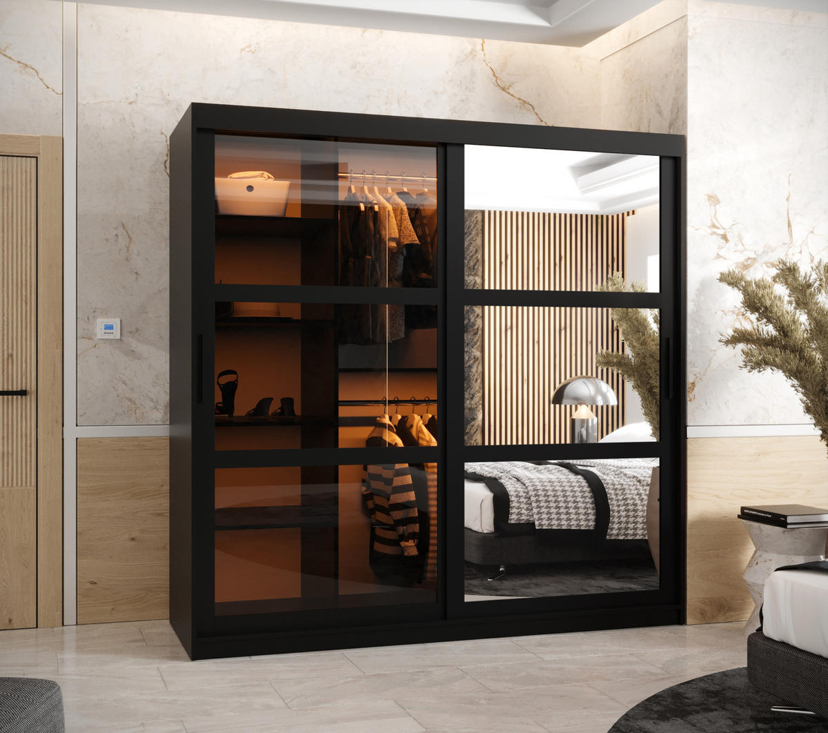 SCHWEBETÜRENSCHRANK 200/180/62 2-türig - Schwarz, Holz/Kunststoff (180/200/62cm) - Abiks Möbel