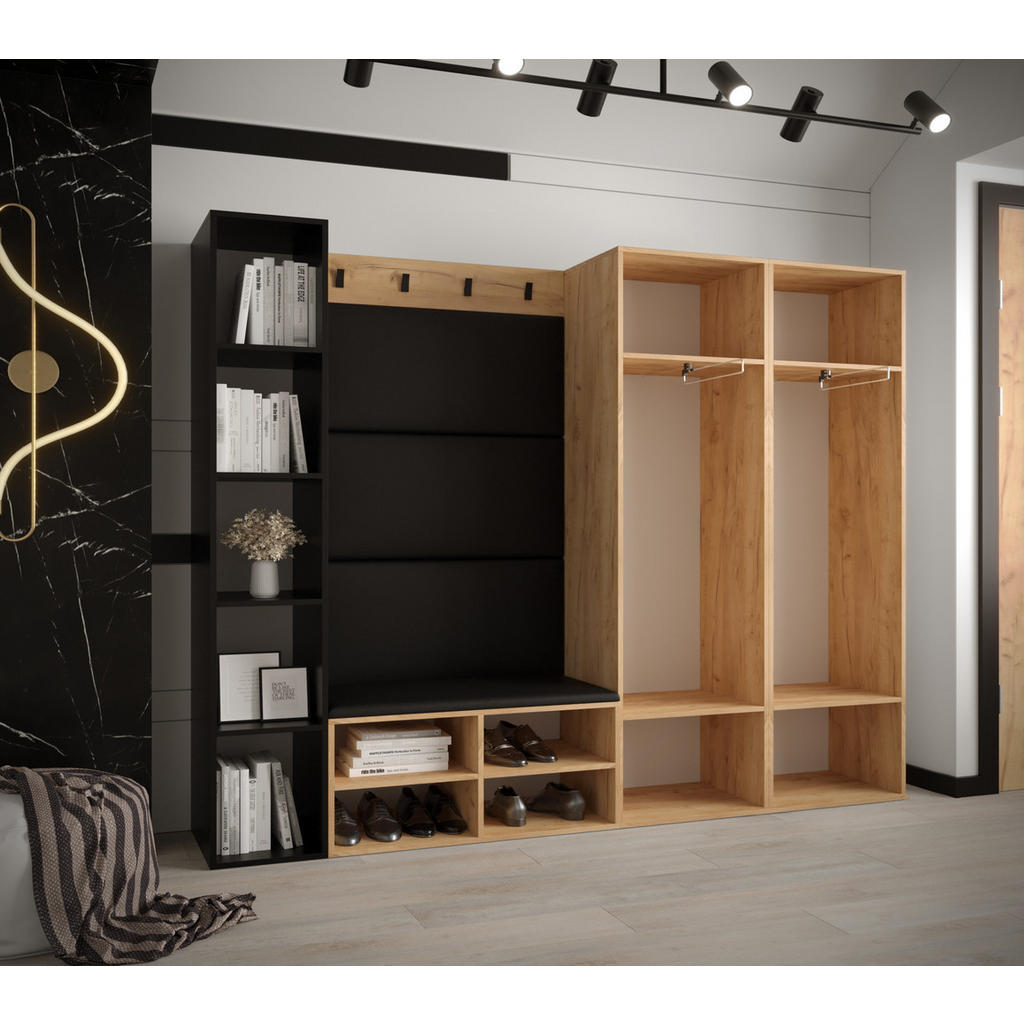 Thumbnail - Möbel Kryspol Garderoben-Set, Eiche, Dunkelblau, Kunststoff, Nachbildung, 2-Sitzer, 10 Fächer, 214x184x42 cm, Garderobe,...