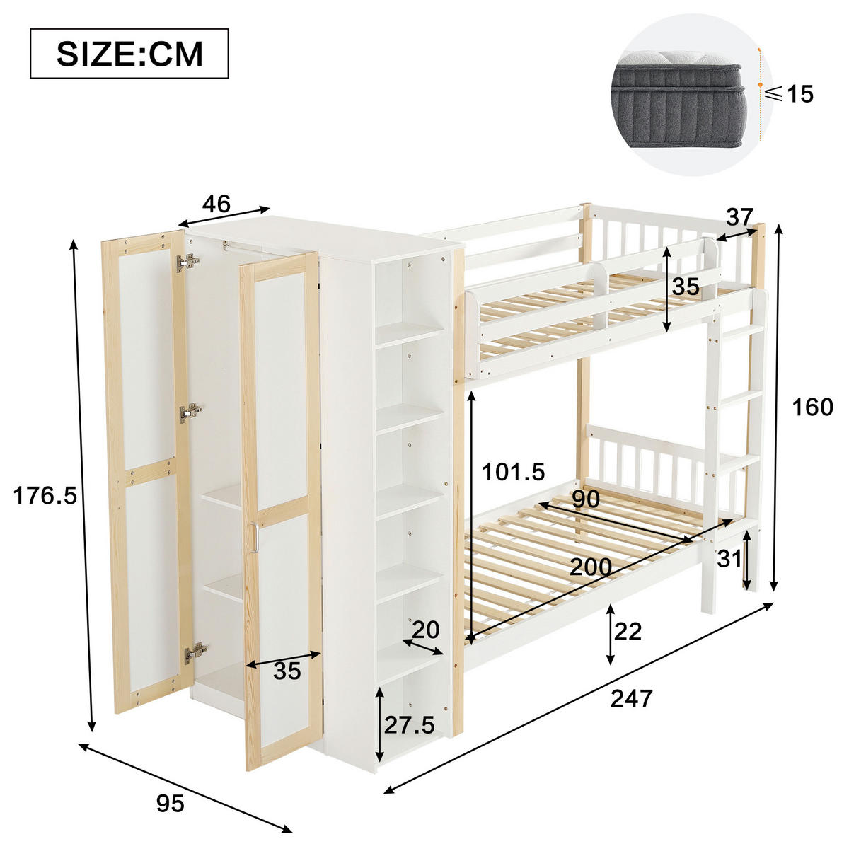 ETAGENBETT 90/200 cm, Weiß/Natur mit 6 offenen Regalen und Kleiderschrank - Weiß, Holz (90/200cm) - MIVRAY