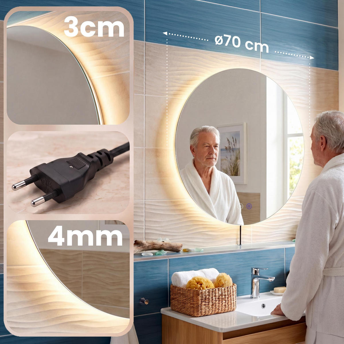 BADSPIEGEL Genf 70 cm 60x3x60cm Glas Klarglas Badezimmerspiegel - Klar, Glas (60/60/3cm) - DELUKE