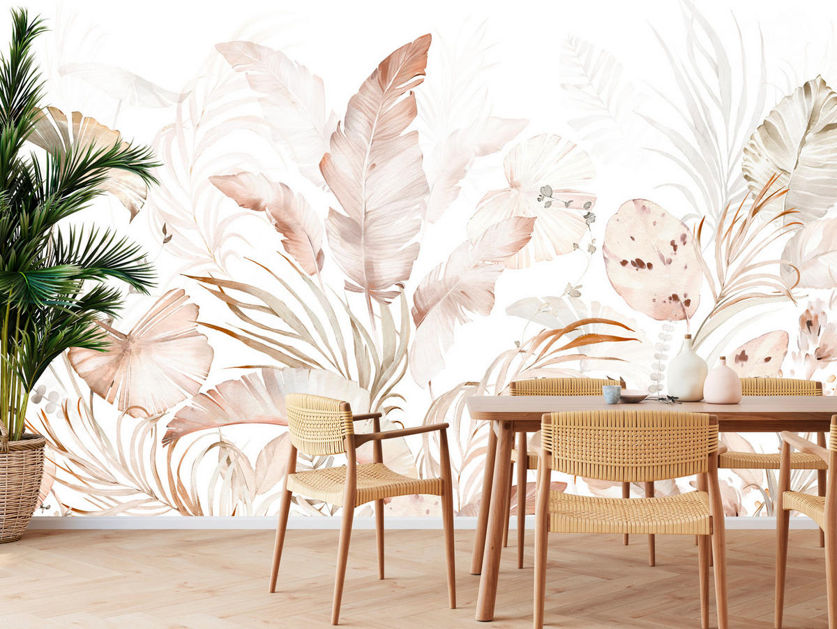 FOTOTAPETE für Esszimmer Beige Palmenblätter Tropisch Boho 250x175 - Beige/Orange, Papier (250/175cm) - Muralo