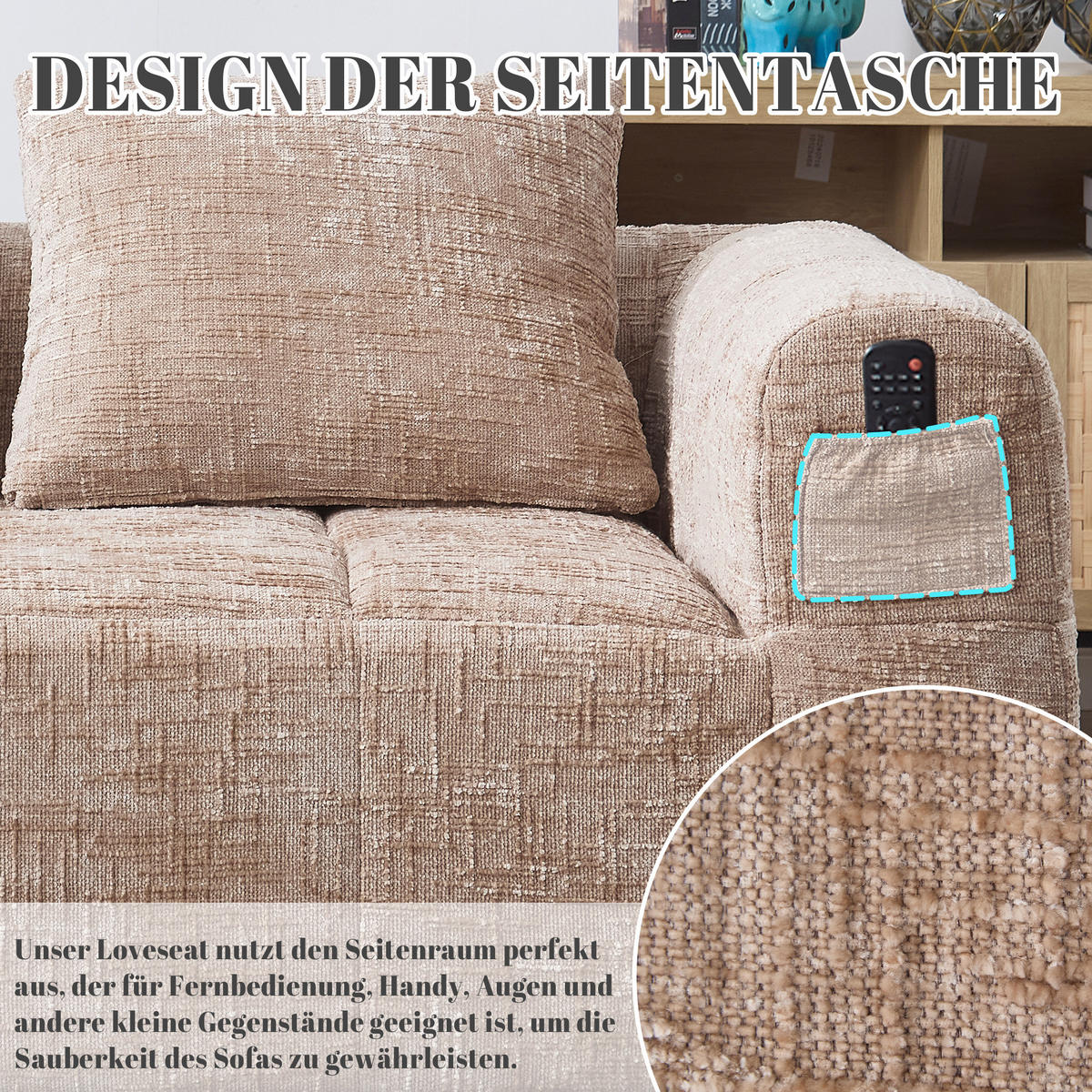 2-SITZER 158/90/60 cm Khaki aus Chenille mit Seitentaschen - Sandfarben, Textil (90/60/158cm) - OKMYHOME