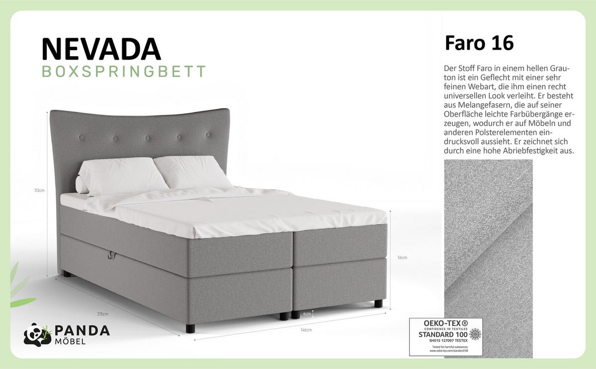 BOXBETT Nevada 140 x 200 cm Doppelbett mit hochwertiger Bonell-Matratze und Topper - hellgrau - Hellgrau, Holz (140/200cm) - Panda Möbel