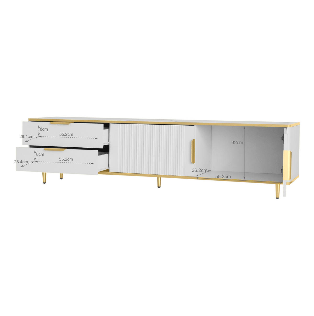 TV-LOWBOARD aus MDF und Holzwerkstoff 170x37x45 cm Weiß/Gold mit 2 Schubladen und geschnitzten Fronten - Weiß, Holzwerkstoff (175/45/40cm) - Modfu