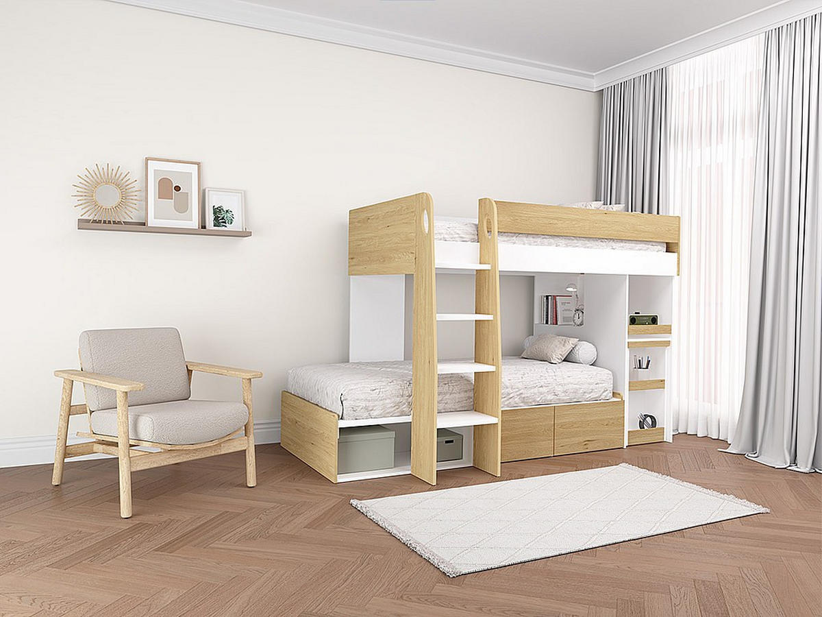 ETAGENBETT mit Schreibtisch & Stauraum - 2 x 90 x 190 cm - Holzfarben & Weiß - LOMIDEN - Naturfarben, Holz (184.3/196.3cm) - Vente-Unique