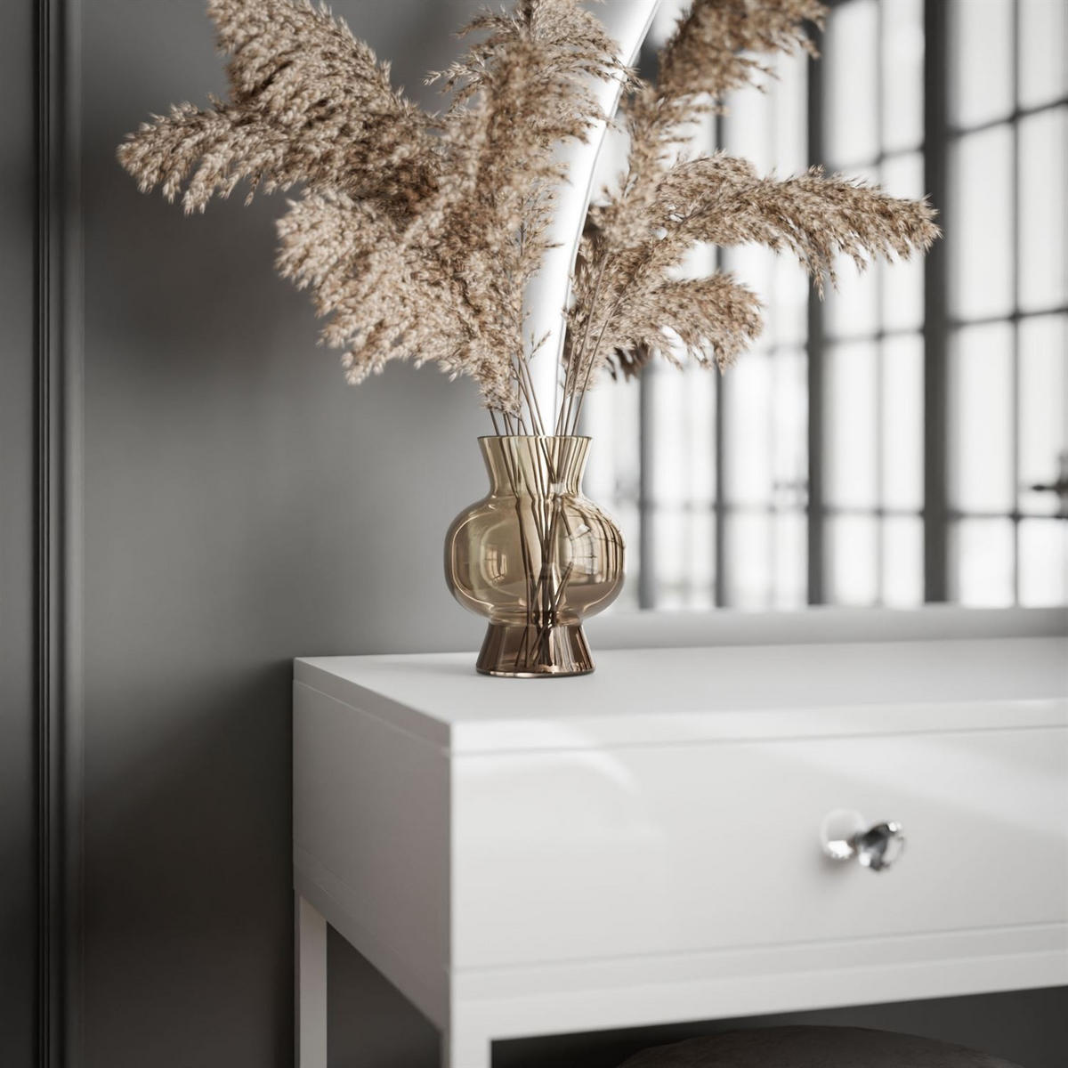 SCHMINKTISCH weiß QUINNIE mit LED-Spiegel links Griff Kristall - Weiß Hochglanz/Weiß, Holzwerkstoff (100/176/42cm) - Lookway