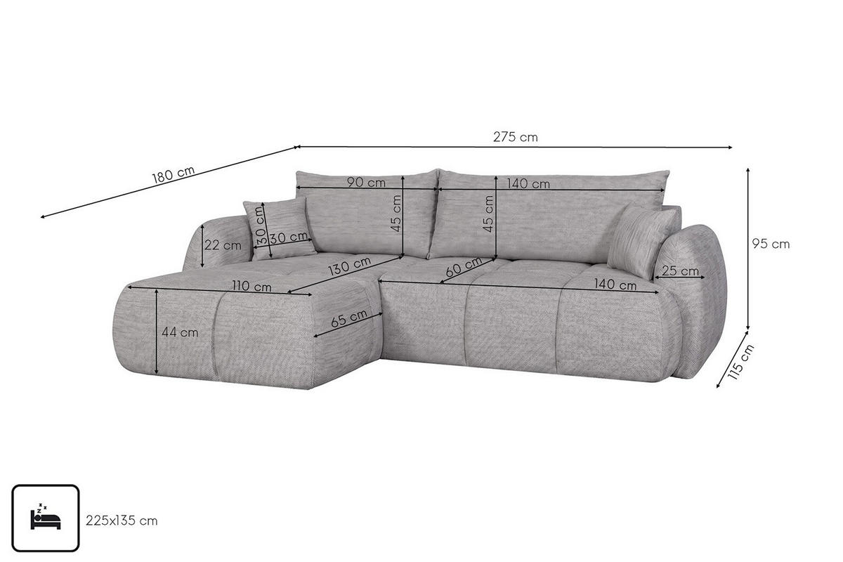 ROHOVÁ SEDAČKA s rozkládací funkcí a úložným prostorem, strukturovaná látka Verita, Šedá, Levá, COCO - šedá, dřevo (180/275cm) - Kaiser Möbel