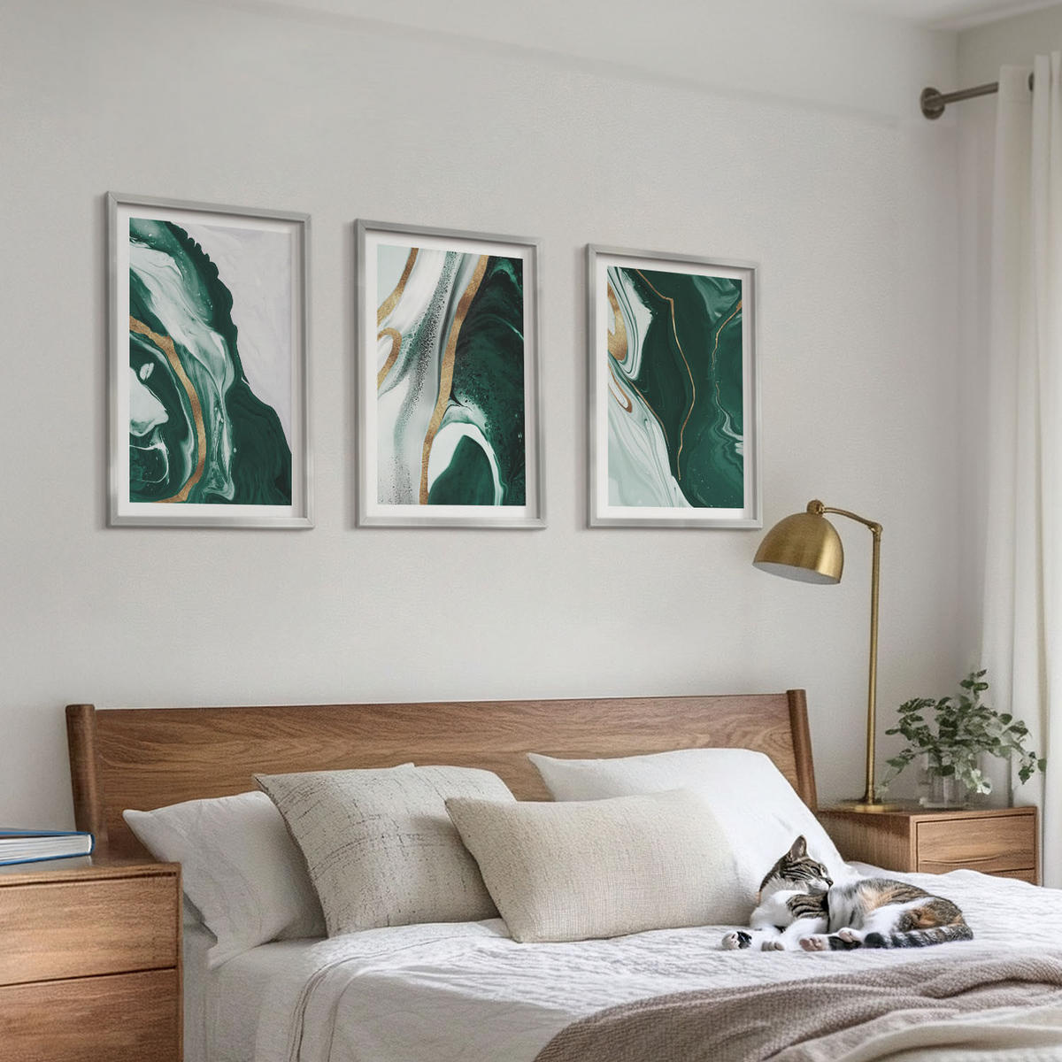 BILDER SET 3er Set - 40x60 cm Silberner Rahmen - Abstrakte grüne Farbmuster - Silberfarben, Kunststoff (40/60cm) - TULUP