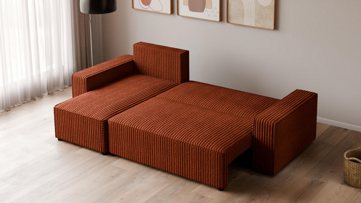 ECKSOFA Tobi mit Bettkasten und Schlaffunktion, L-Form, Cordstoff, Universal - Rostfarben, Holzwerkstoff (246/145cm) - 4ALL HOME