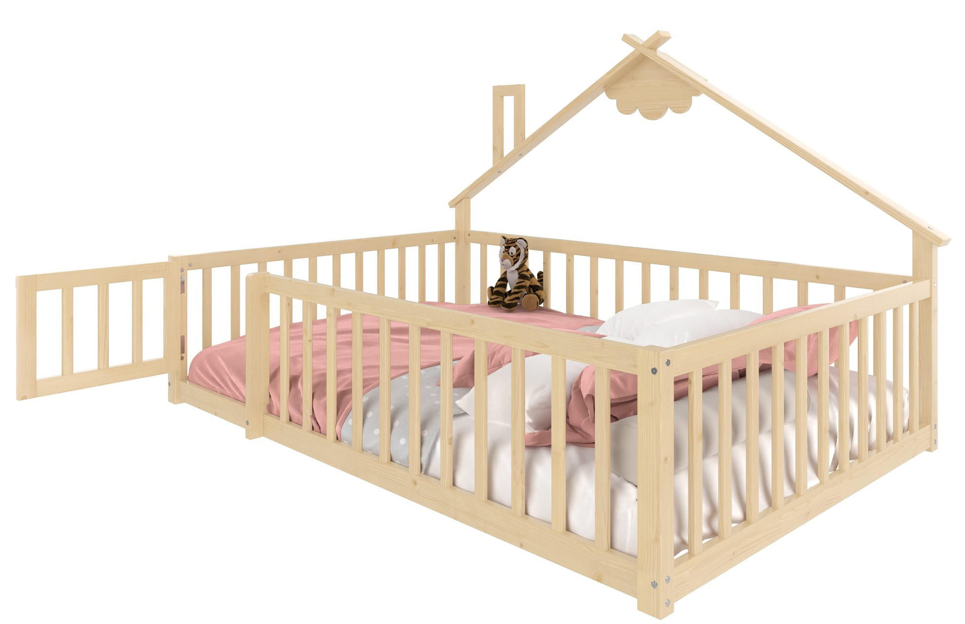 KINDERBETT 90/190 cm mit Hausrahmen, Sicherheitsgeländer mit Verschluss und Massivholzstruktur, Natur - Naturfarben, Holz (90/190cm) - Redom