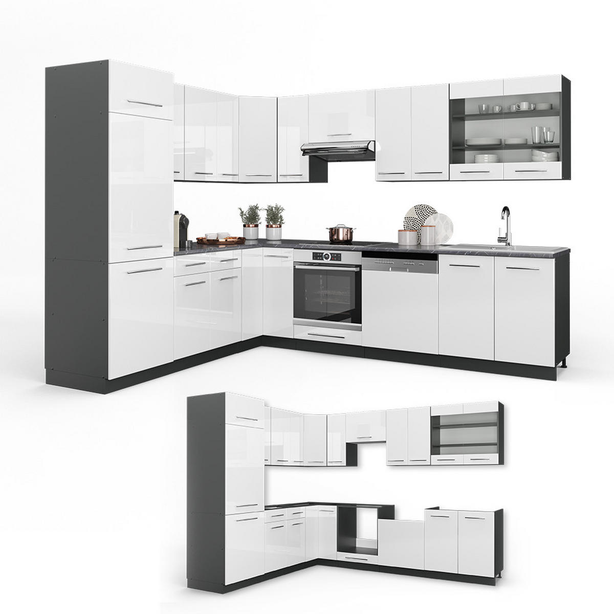 ECKKÜCHE Fame-Line Weiß Hochglanz/Anthrazit 227 x 60 cm ohne AP - Weiß Hochglanz/Anthrazit, Holzwerkstoff (287/81.6/46cm) - Vicco