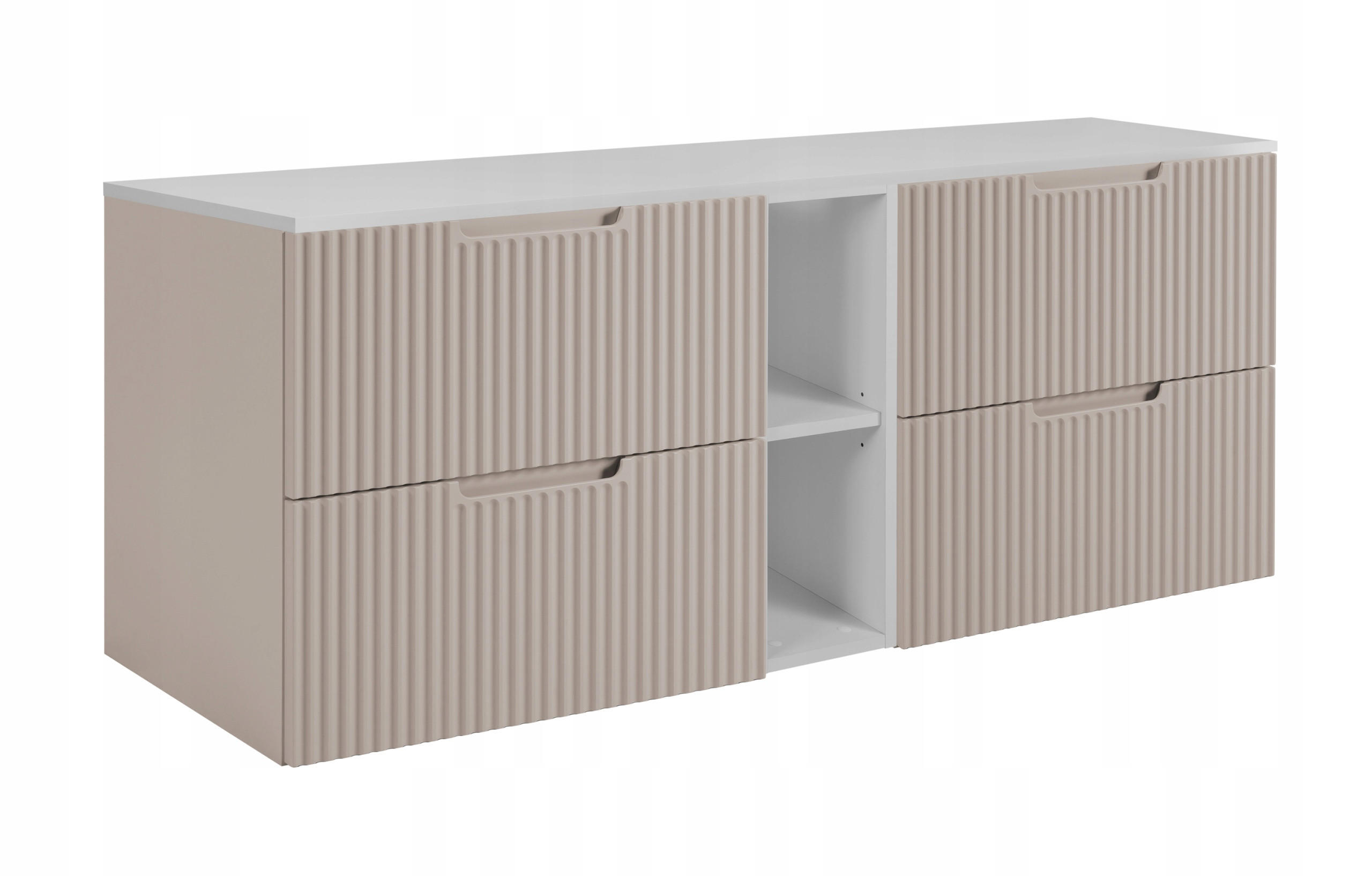 WASCHBECKUNTERSCHRANK VENA 140 cm mit Arbeitsplatte Farbe: Mattweiß mit einem Regal Gerillte Vorderseite Kaschmir - Kaschmir/Weiß, Holzwerkstoff (140/58/46cm) - Rodan