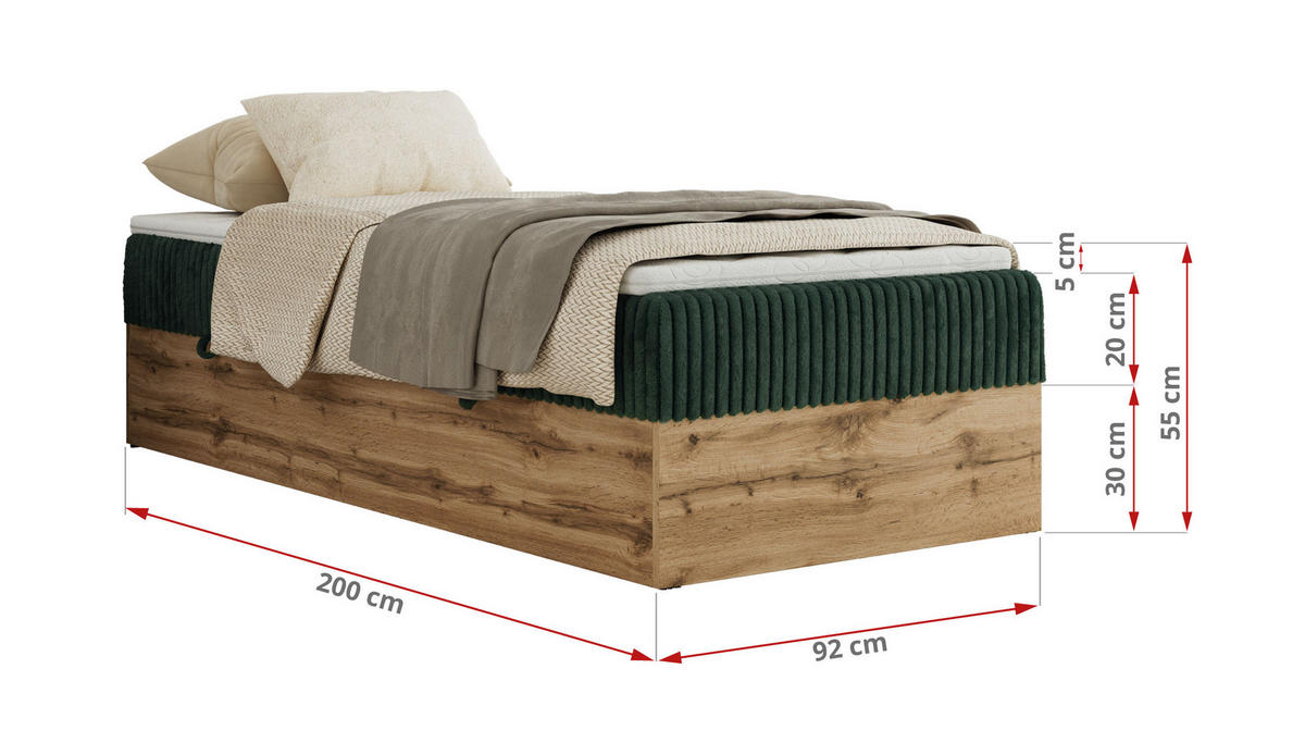 BOXBETT WOOD ZERO 90/200 - Dunkelgrün Cord - H4 - Topper T25 - Dunkelgrün, Textil (90/200cm) - MKS