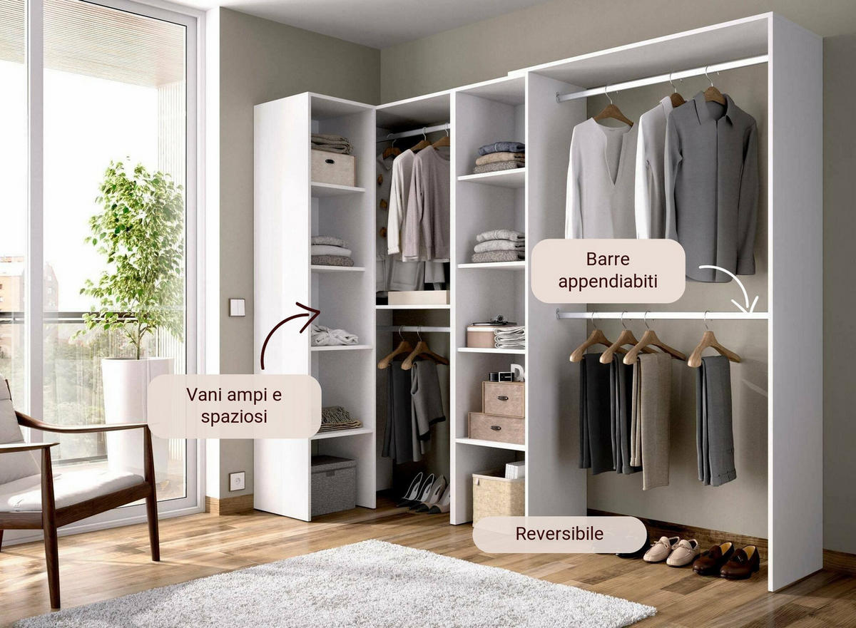 OFFENER KLEIDERSCHRANK Quadro Holz-Effekt Weiß 79.4x228h187 - Weiß, Holzwerkstoff (228/187/79.4cm) - DMORA