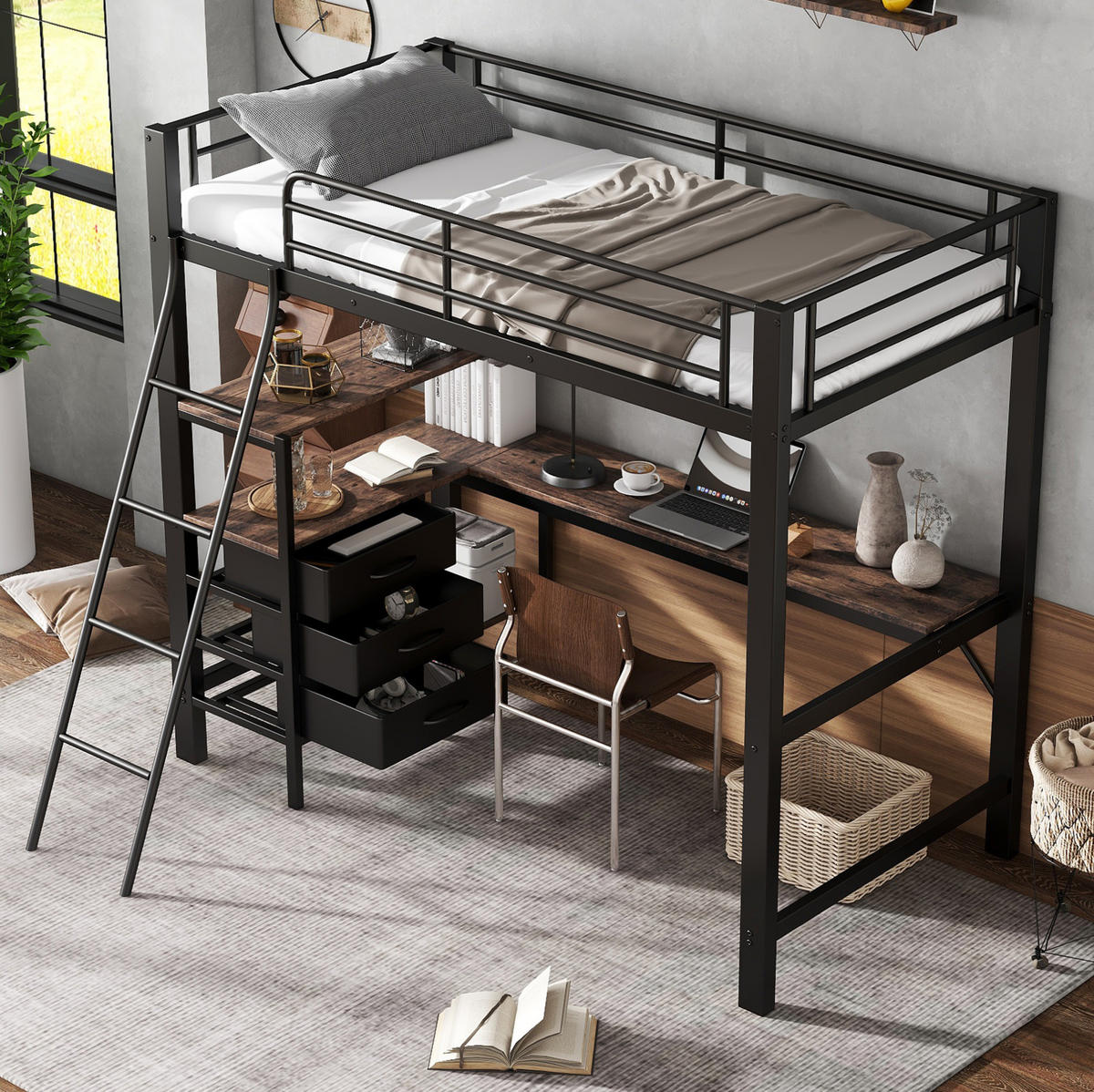 HOCHBETT 90/200 cm aus Metall mit Schreibtisch und 3 Schubladen - Schwarz, Metall (90/200cm) - BEAOK