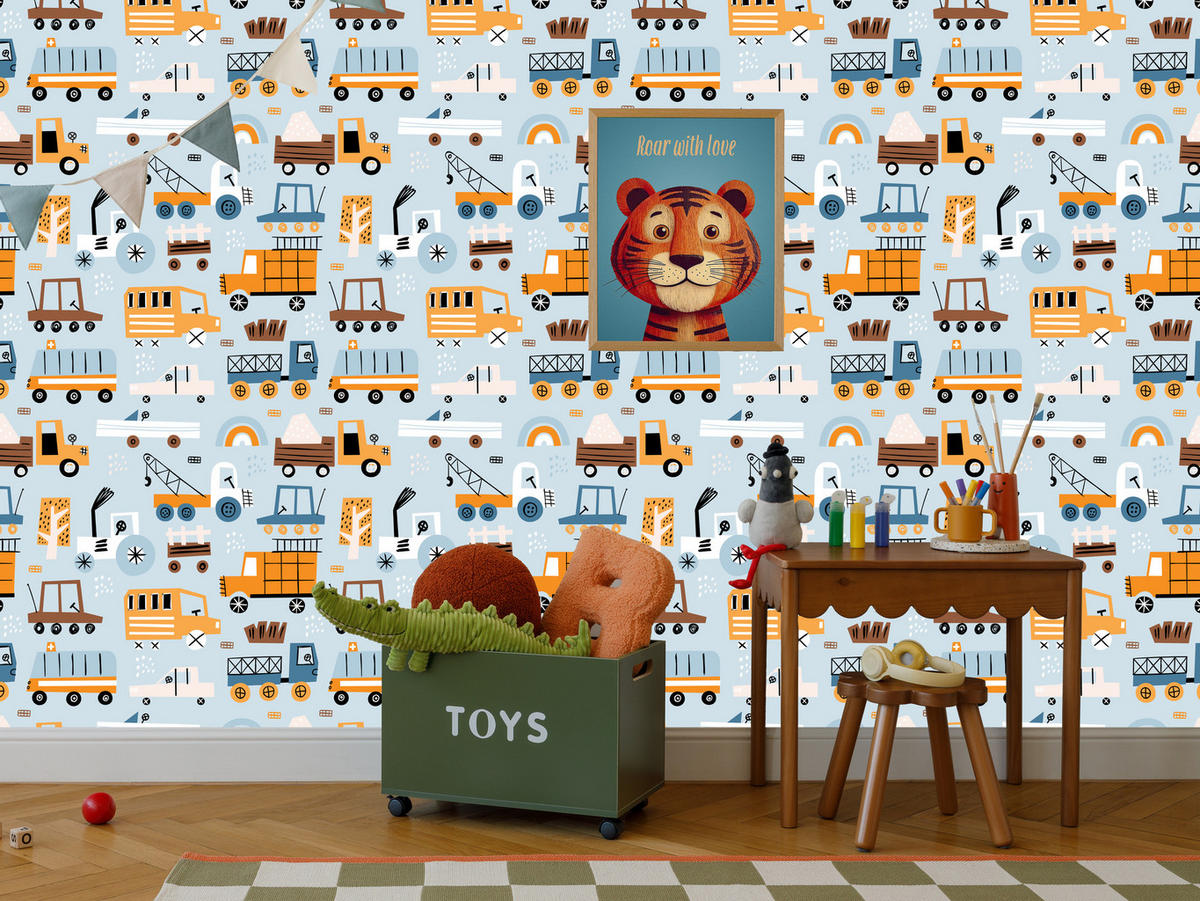 VLIESTAPETE Autos und Baustellenfahrzeuge – Orange, Blau, Grau – 50x1000 cm - Blau/Orange, Papier (50/1000cm) - Muralo