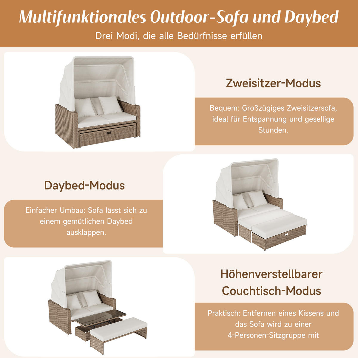 GARTENMÖBEL, 2-4 Personen, Loungesofa, Khaki - Hellbraun, Textil (94/142/136cm) - FLIEKS