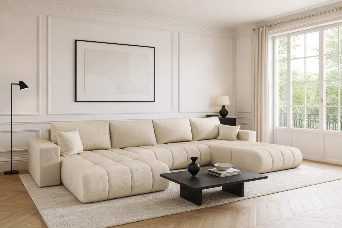 ECKSOFA mit schlaffunktion und bettkasten MILO U PREMIUM, stoff MONOLITH, Ecru - Ecru, Holz (384/190cm) - Kaiser Möbel