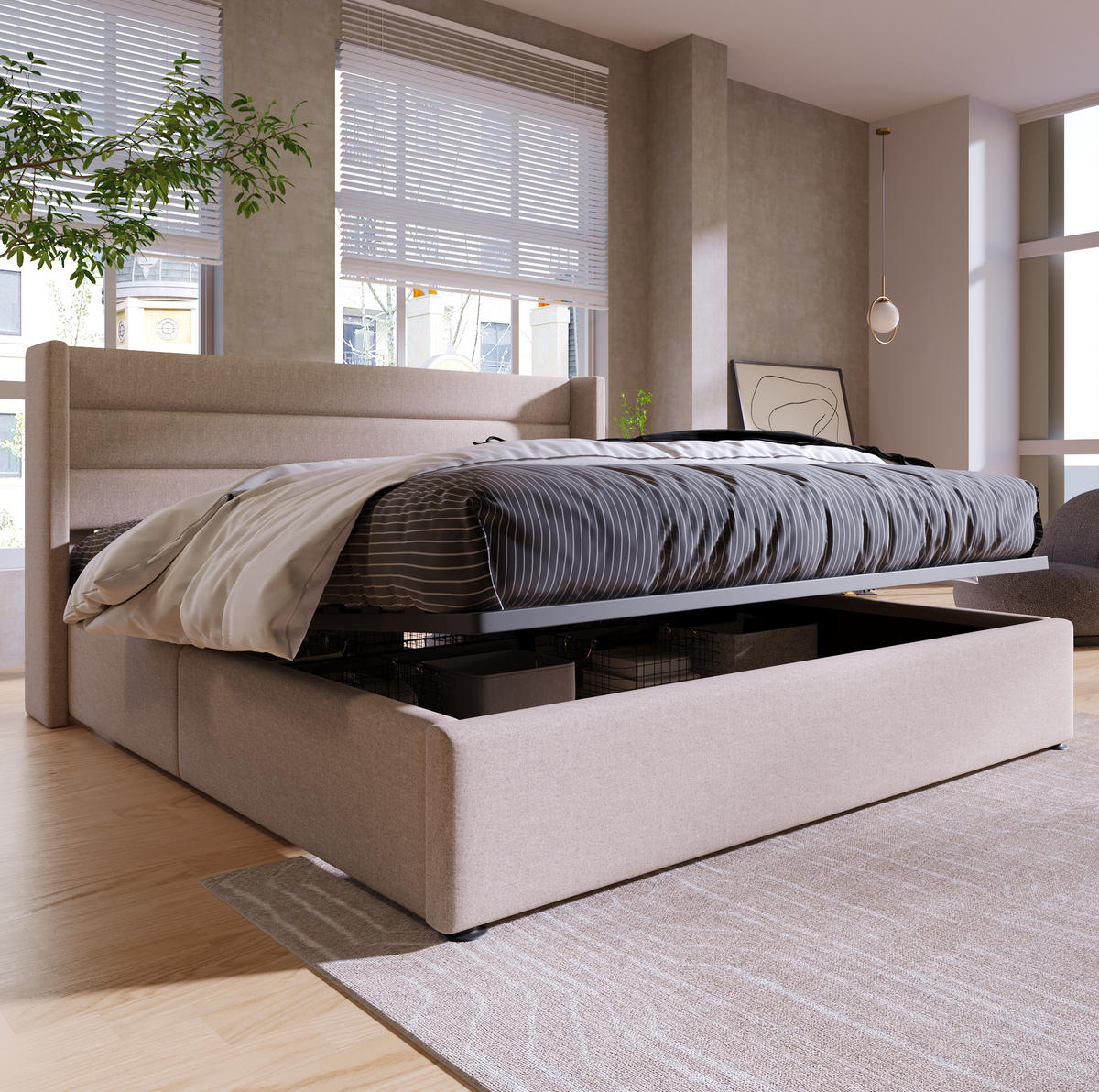POLSTERBETT 180/200 cm mit hydraulischem Bettkasten, gepolstertem Kopfteil und Leinenbezug, Beige - Beige, Textil (180/180cm) - Redom