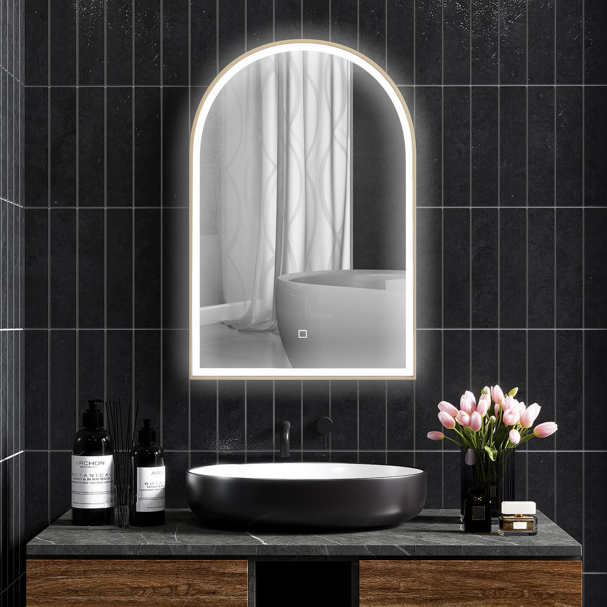 BADEZIMMERSPIEGEL DE-15165 90/60 cm gewölbt mit 3 LED-Farben - Goldfarben, Glas (3/60/90cm) - ComfortXL