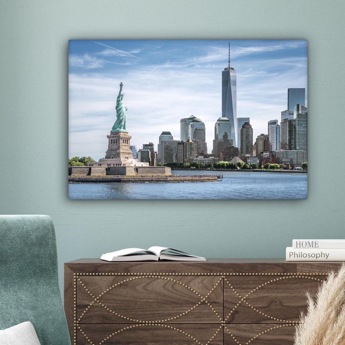 LEINWANDBILD New York - Freiheitsstatue - Wasser Gemälde 60x40 cm - Hellblau, Textil (60/40cm) - MuchoWow