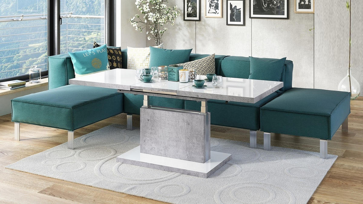 COUCHTISCH rechteckig Weiß Hochglanz - Beton ausziehbar höhenverstellbar - Weiß Hochglanz/Hellgrau, Holzwerkstoff (70/120/56cm) - designimpex