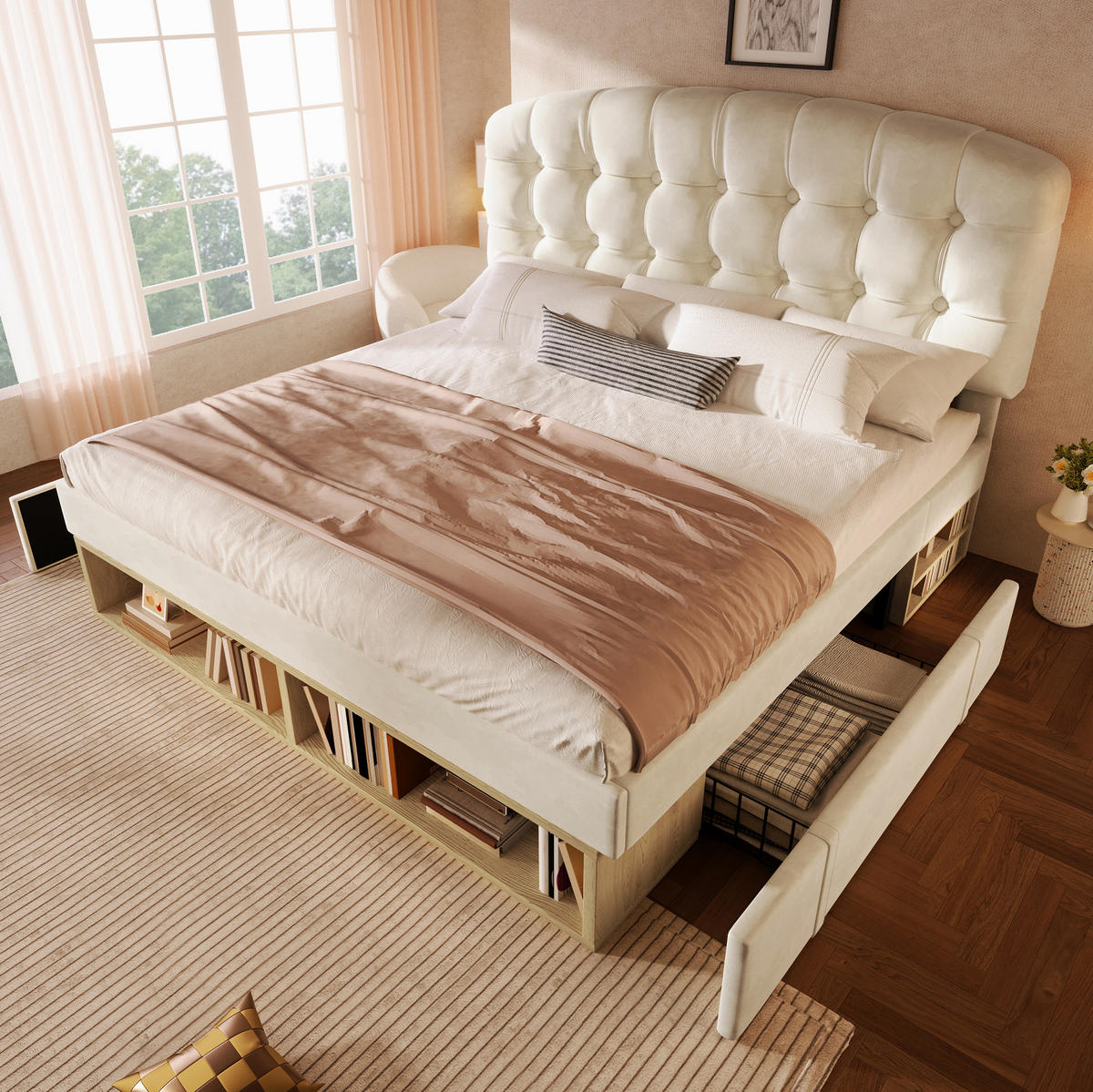 POLSTERBETT 140/190 cm Beige aus Samt mit Schubladen - Beige, Textil (140/190cm) - OKMYHOME